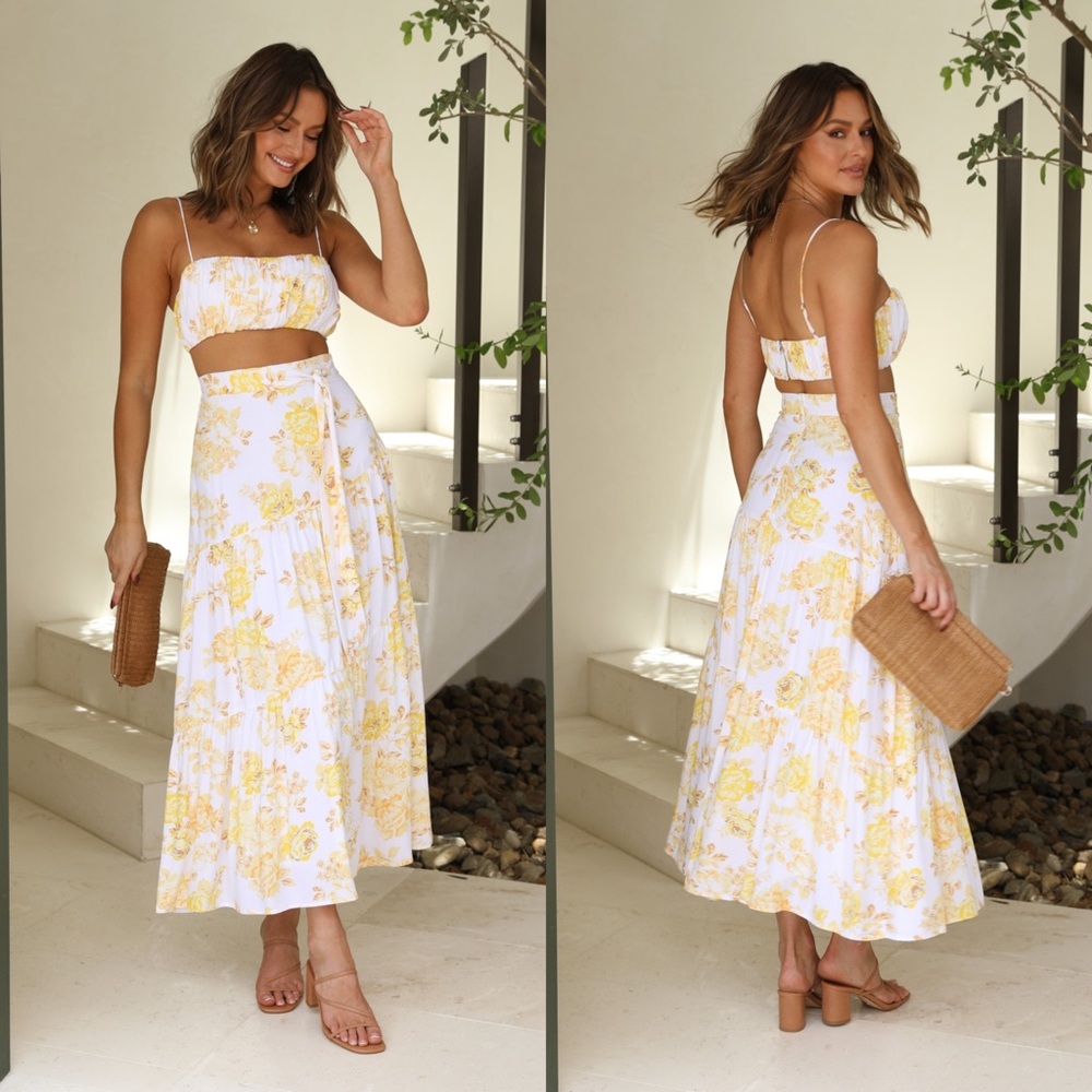 BILLY J Saraya White/Yellow Floral Top and Skirt Set